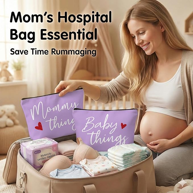 Mommy and Baby Matching Pouch Set, Mommy Things and Baby Things Bags, Gifts for New Moms Expecting Moms, Matching Travel Cases, Purple Set of 2