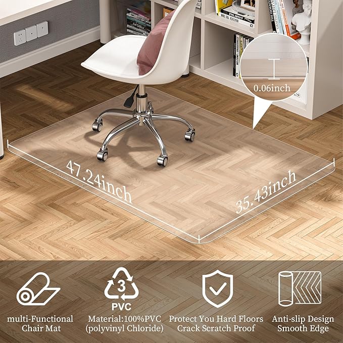 Tonaus Chair Mat for Hard Floor Office Chair Mat Desks Mats Large 48"×36" (3'x4'),Transparent Clear PVC Floor Protector for Home Office Study Wooden Floors, Not for Carpet