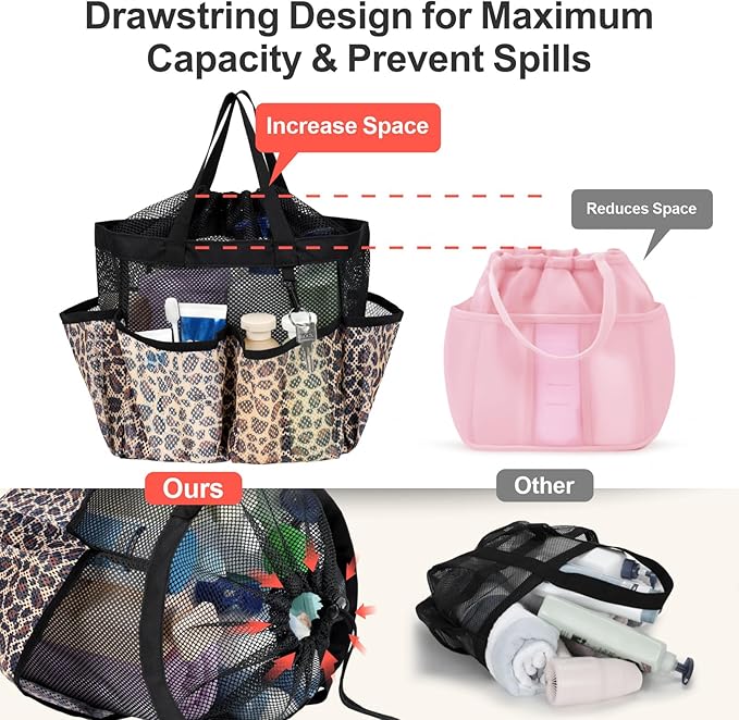 F-color Mesh Shower Caddy Portable with Drawstring - Large 8 Pockets Dorm Room Essentials for Guys Girls with S Hook, Shower Bag Basket Tote for College Camping Gym Travel Toiletry Bathroom, Leopard
