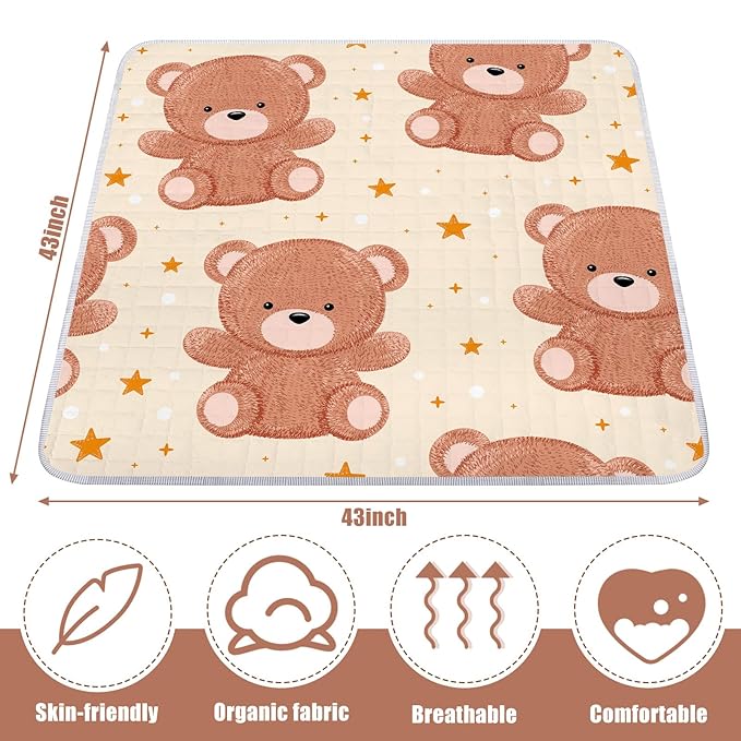 Funtery 43 x 43 Inch Boho Baby Play Mat Portable Crawling Washable Foldable Tummy Time Non Slip Baby Floor Large Playpen Mat for Infants Toddlers Floor Playpen Activity(Bear)