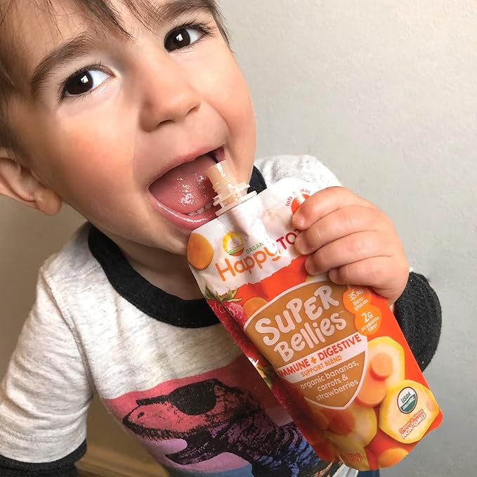 HAPPYTOT Organics Stage 4 Baby Food Pouches, Gluten Free, Vegan Snack, Super Bellies, Fruit & Veggie Puree, Banana, Spinach & Blueberries 4 Ounce (Pack of 16)