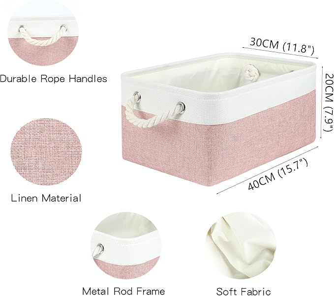 LordCom Storage Bins with Sturdy Cotton Handles(1 Pack), Fabric Storage Baskets for Organizing use for Office & Home, Book, Clothes, Toys, Closet Boxes (Large, Pink-White, 15.7x11.8x7.9 inches)