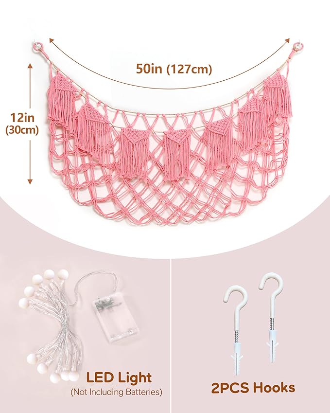Boho Macrame Stuffed Animal Hammock with LED Lights, Wall Corner Hanging Plushie Net, Large Toy Organizer for Kids Bedroom Nursery Playroom & Dorm (Pink XL)