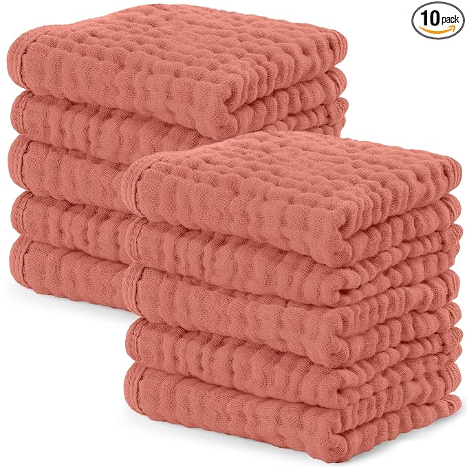 Comfy Cubs Muslin Baby Washcloths 10 Pack - Soft 6-Layer Cotton Wash Cloths for Sensitive Skin - 10"x10" Large, Gentle, Absorbent Infant Essentials for Newborn and Toddlers - Dusty Rose