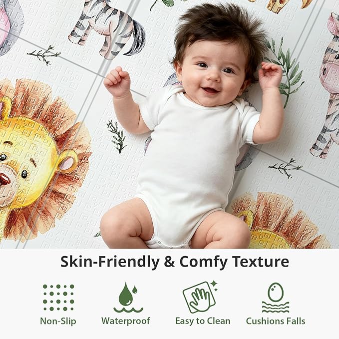 59x59 Foldable Foam Baby Play Mat for Floor, Babies Activity Tummy Time Playmat, Kids Non Toxic Foam Thick Play Mat for Baby, Toddlers, Waterproof & Anti-Slip Crawling Mats,Lion,59x59x0.4