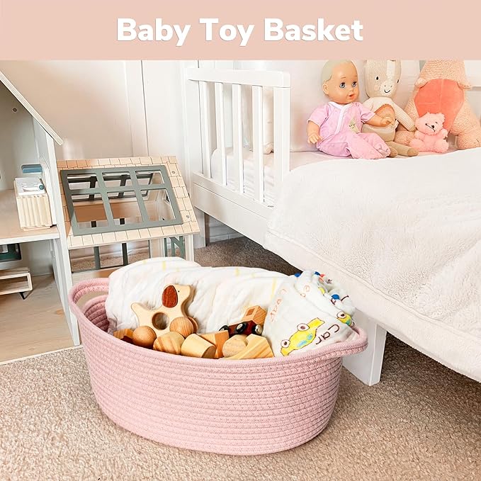 Goodpick Small Woven Basket for Gifting, Small Storage bins for Toys, Baby Gift Baskets for Nursery, Pink Rope Basket for Gifts, Decorative Baskets with Handles, 12" x 8" x 5"