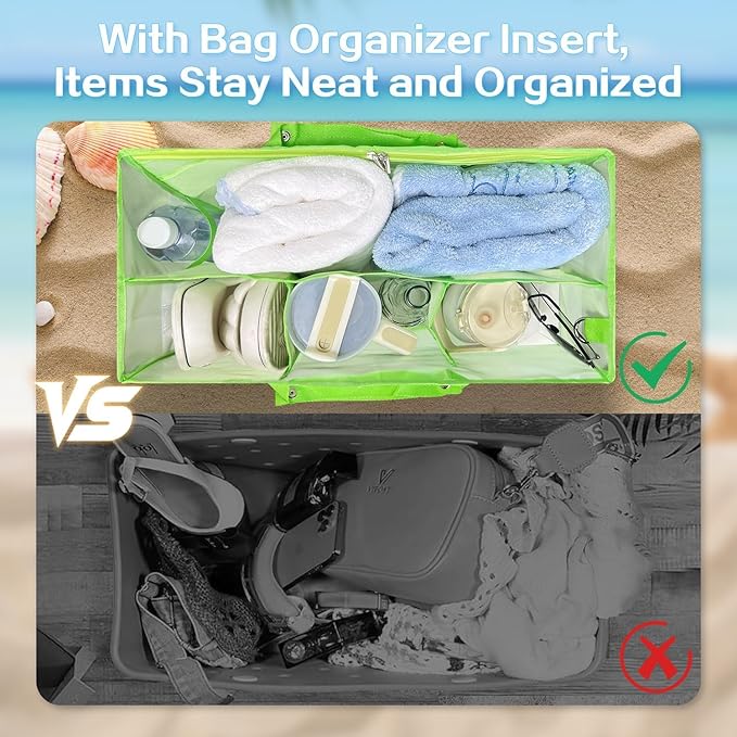 XYFuuee Beach Bag Organizer Inserts for Baby Medium Bogg Bag Accessories with 8 Removable Metal Fasteners, Lightweight Mesh Insert Divider Pouch, Organizing Rubber Tote, Save Storage Space, Green M