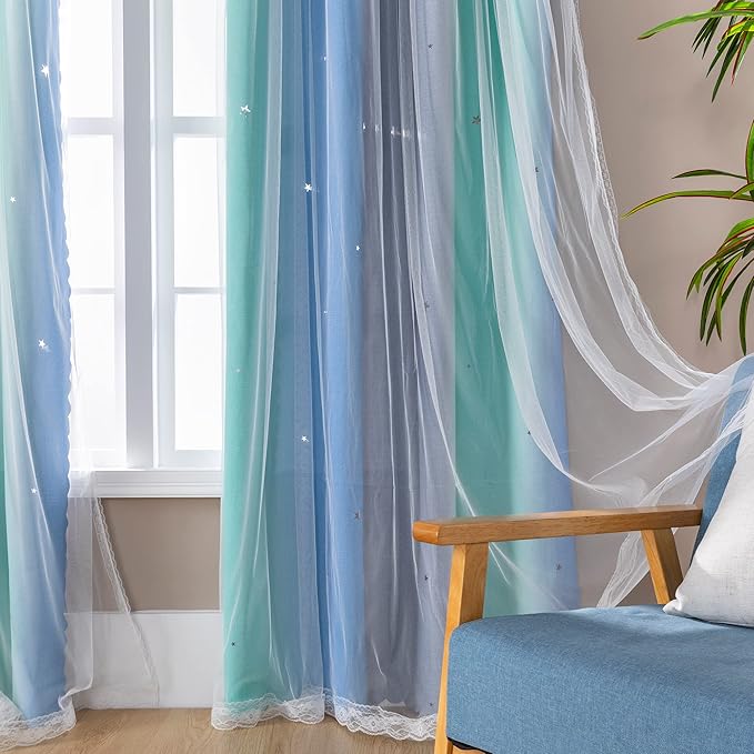 XiDi Curtains for Bedroom Decor, Rainbow BluGrenGrey-34-54