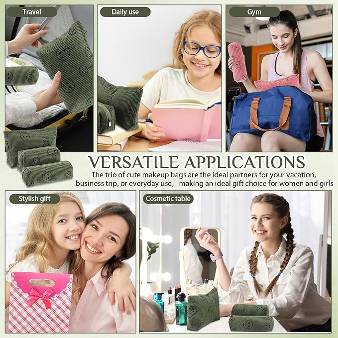 3 Pcs Makeup Bag Set for Women Corduroy Cosmetic Pouch Aesthetic Smile Travel Toiletry Bag Cute Purse Pouch Pencil Case Makeup Brushes Storage Organizer with Zipper(Army Green,Smile Face)