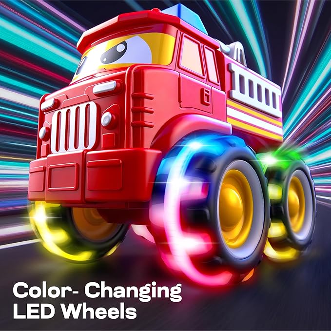 Vroomix Jova GlowRover 3 Pack Monster Truck Toys, City Utility Cars with LED Light Up Wheels, Friction Powered Cars for Toddlers Boys Girls Age 18 Month and Up, Birthday Gifts for Christmas