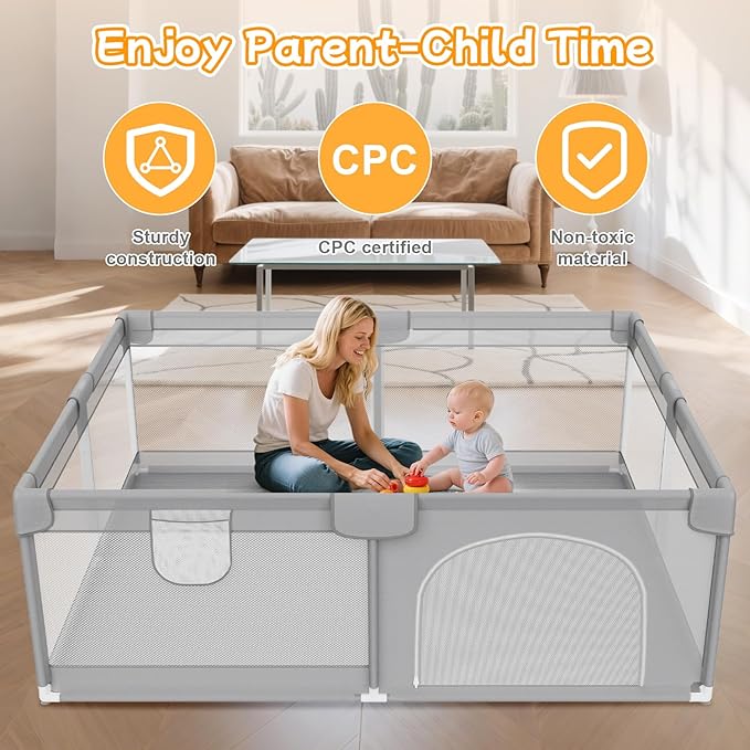 Deeteck 74"x50" Large Baby Playpen - Playpen for Babies and Toddlers with Breathable Mesh & 2 Handles - Baby Fence Playard Safety Activity Center for Indoor & Outdoor, Grey