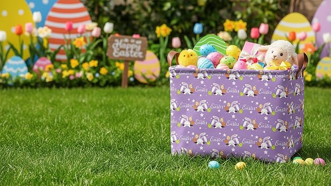 HKEC Rectangle Storage Basket with Handles,Collapsible Storage Bin,Books Box,Gift Basket(Purple Easter)