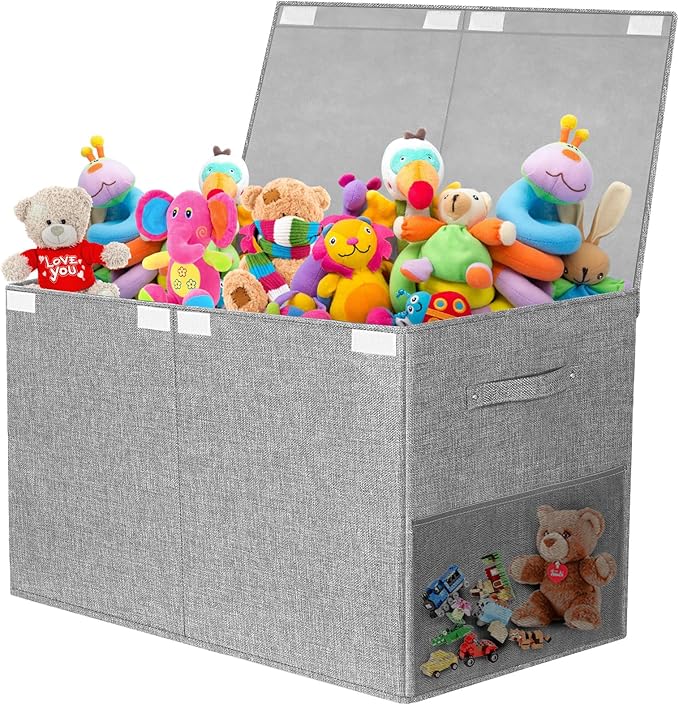 Fineonly Large Toy Storage Box with Lid Upgraded Toy Chest Organizer with Removable PP Divider Foldable Toy Bin for Kids Boys Girls Linen Fabric Toy Box for Playroom Nursery Bedroom (25"x13"x16")