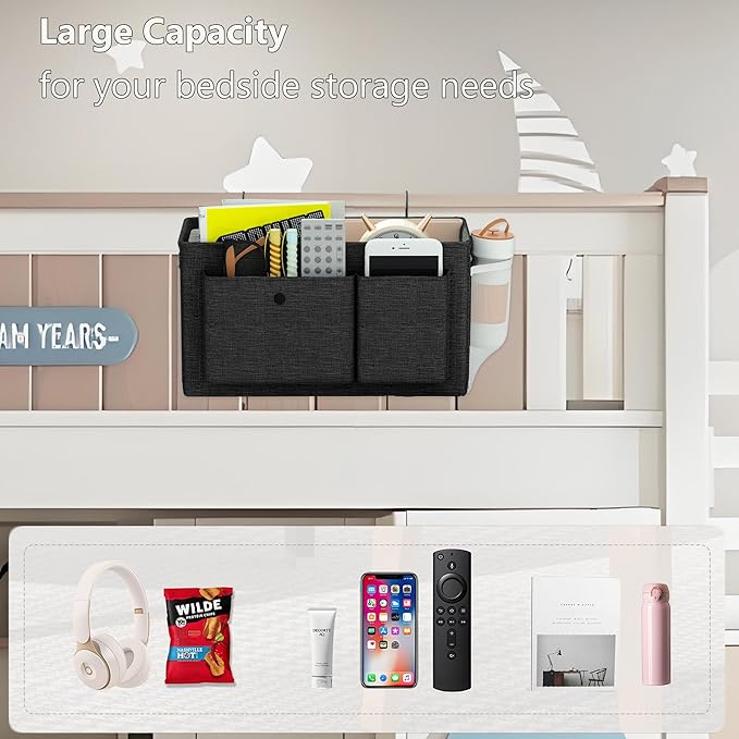Edudif Bedside Caddy Bedside Organizer with Fixed Straps & Water Bottle Holder, Bunk Bed Caddy ideal for Home, Dorm, Hospital, Crib, Versatile Bedside Storage Solution (Black 2pcs)