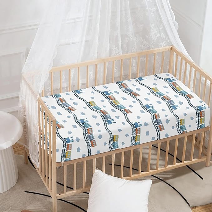 Colorful Train Fitted Crib Sheet for Boys Girls Cartoon Trains Baby Sheet for Standard Crib and Toddler Watercolor Steam Trains Nursery Bed Mattress Sheets 28"x52"