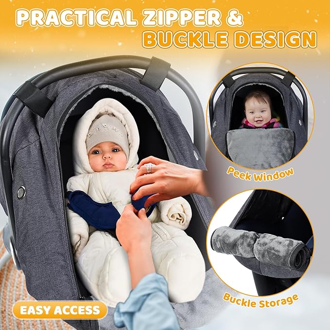 Orzbow Winter Carseat Cover for Baby, Infant Car Seat Cover Compatible with Doona Car Seats, Zipper Access, Breathable, Rain, Snow and Wind Proof, Winter Baby Essentials Carrier Canopy, Dark Grey