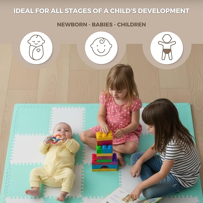 Little fun times Play Mat for Baby Large 72 Pieces, Assembled Total 64 x 64 inch 28,4 SqFt, Interlocking Floor Puzzle, EVA Tiles Playmat for Toddler and Kids, Two Colors Design with Edges.