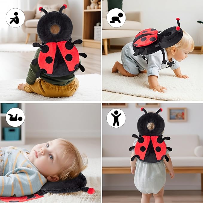 Baby Head Back Protector Backpack Toddler Safety Protector Cushion Pad Soft, Adjustable and Lightweight Design for Safe Walking and Crawling Toddlers Girls and Boys(Ladybug)