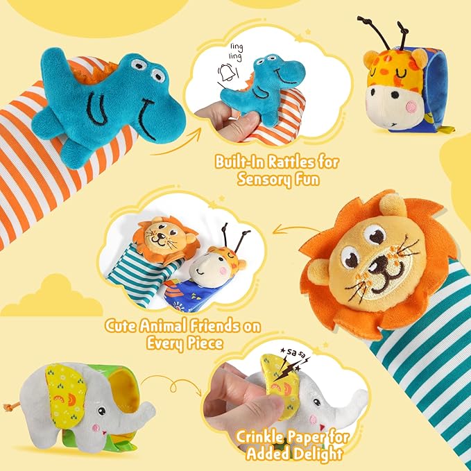 URMYWO Wrist Rattles for Baby - Rattle Socks - Foot Finder Set - Baby Toys for 0-12 Months Infant - Newborn Essentials - Early Learning Sensery Toys for Boys and Girls as Shower Gifts Stocking Stuffer
