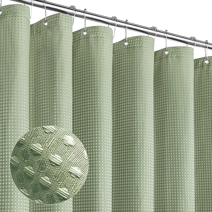 MitoVilla Green Waffle Small Stall Half Size Farmhouse Fabric Narrow Shower Curtains, 36 x 72, Sage Green, 36 inch Weighted Set