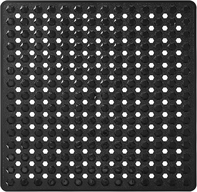 Yimobra Square Shower Floor Mat Non Slip, 21"x21" Machine Washable Bath Tub Mat, Soft on Feet, Bathmat with Drain Holes and Suction Cups, Fast Draining, Black