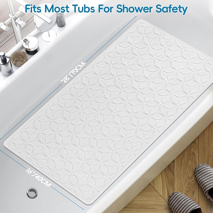 Bathtub Mat Non Slip with Suction Cups - 100% Rubber Bathroom Mat Textured for Bath Tub Shower Safety - Soft on Touch - BPA/PVC Free - Pet Dog Bath Mat - Machine Washable - 16 × 28 Inch（White）