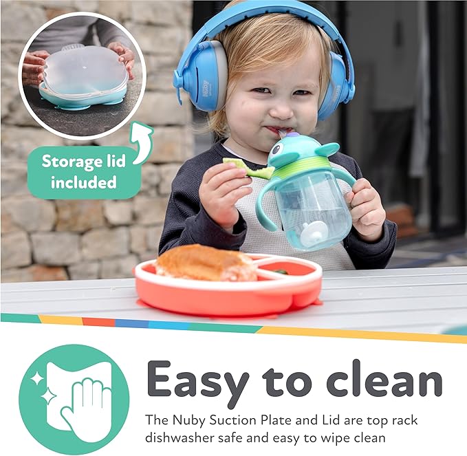 Nuby Silicone Round Suction Plate with Lid - Dishwasher-Safe Baby and Toddler Plate - 6+ Months - Blue and Yellow - Back to School Essentials