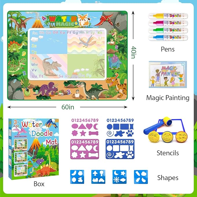 60×40 Inches Water Doodle Mat Kids Mess Free Coloring for Toddlers 3 4 5 6 7 8 9 Years, Large Doodle Mat with 4 Magical Water Pens 0-9 Number Educational Toys Boys Girls Christmas Birthday Present
