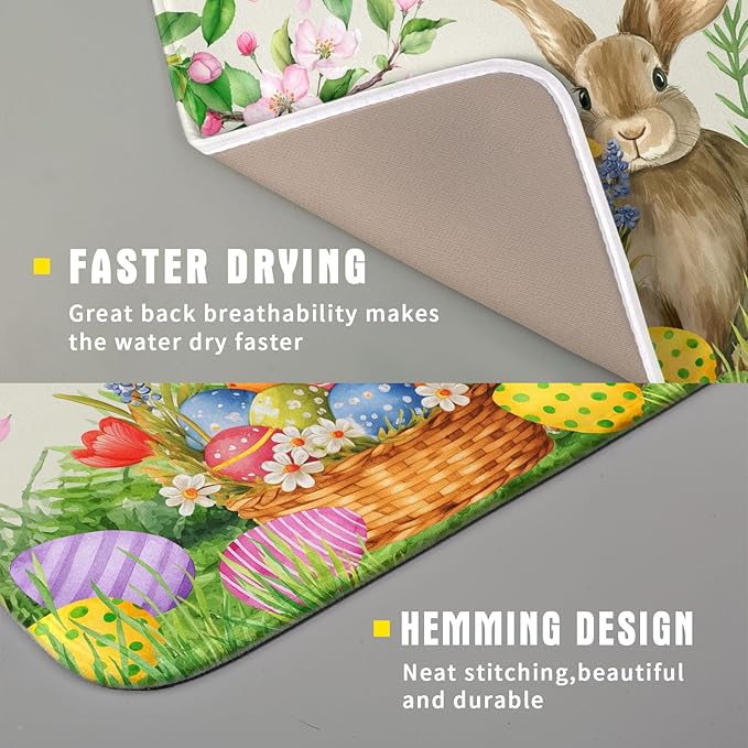 Easter Bunny Colorful Eggs Dish Drying Mat for Kitchen Counter,Spring Flowers Green Grass Drying Mat 16 x 18 Inch with High Absorbent Microfiber Drainer Mat for Coffee Bar