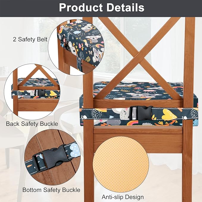 Toddler Booster Seat for Kitchen Chair Dining Table, Washable Thick Strong Support Portable Booster Chair for Toddlers Eating, Easy Cleaning Booster Seat Cushion Detachable with Adjustable Straps
