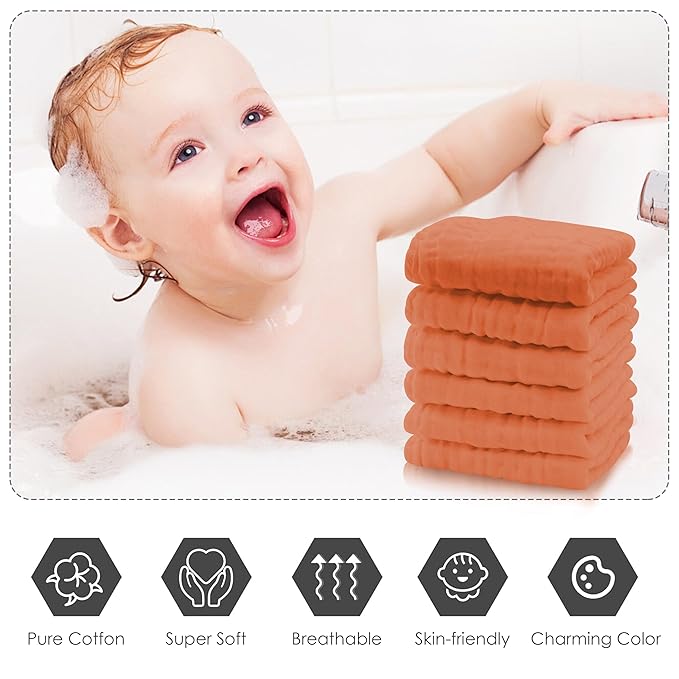 Cute Castle 12 Pack Muslin Baby Washcloths - Large 12'' by 12'' - Ultra Soft 100% Cotton - Super Absorbent Burp Cloths for Unisex, Boy, Girl -Vermilion