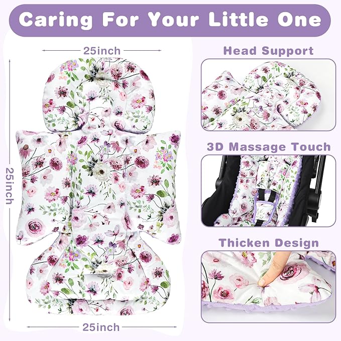 GFU 3-in-1 Infant Car Seat Insert, Soft Head and Body Support,Ultra & Strap Covers Set, Reversible Newborn Car Seat Cushion Pad for Baby Boy & Girl fits Stroller, Swing, Bouncer (Purple)