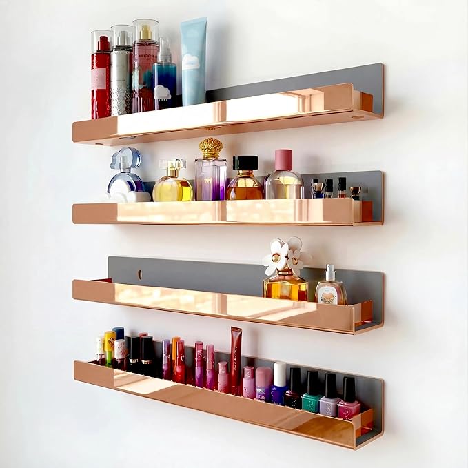 RORKIM 4 Pack 15 Inch Rose Gold Reflective Acrylic Shelves, Rose Gold Floating Shelves, Modern Sunglasses Essential Oil Picture Ledge Display Toy Storage Shelf