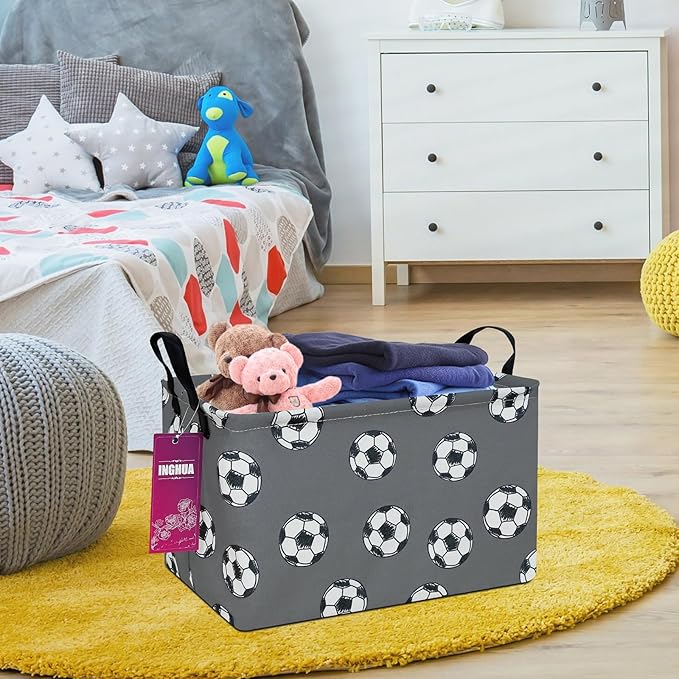 INGHUA Rectangular Storage Basket Fabric Organizer Bin for Toys,Books,Clothes,Gifts,Pets-Perfect for Home,Office,Nursery,Dorm,Shelf(Rec-grey football )