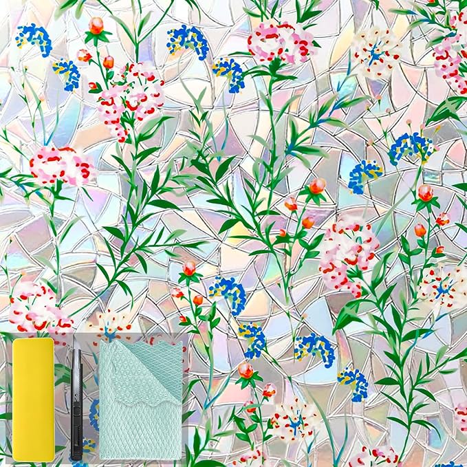 Niviy Stained Glass Window Film with Installation Tools, Heat Blocking Rainbow Window Film for Glass Doors, 3D Floral Decorative Static Cling for Home, Bathroom, Door 23.6 x 78.7 inch
