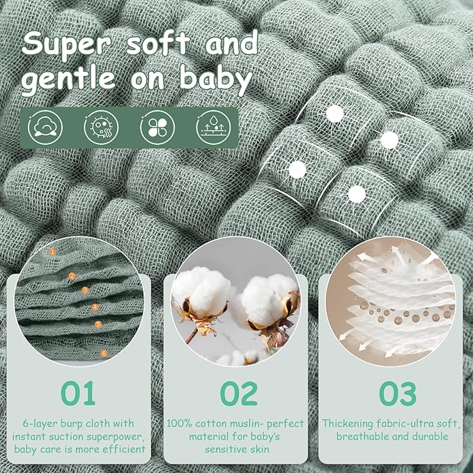 Looxii Muslin Burp Cloths 100% Cotton Muslin Cloths Large 20''x10'' Extra Soft and Absorbent 6 Pack Baby Burping Cloth for Boys and Girls White+Green