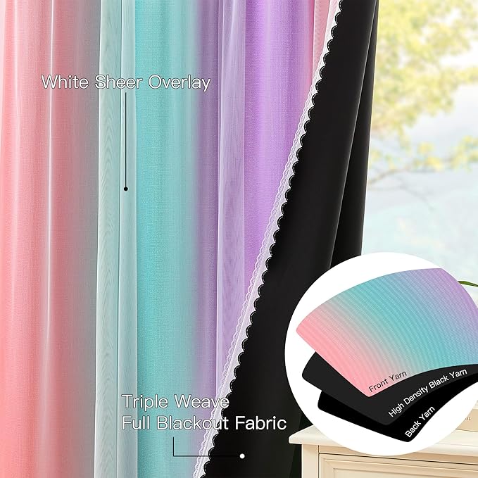 XiDi Blackout Curtains for Girls Kids Bedroom 63 Inches Long 2 Panels Thermal Insulated Colorful Rainbow Pink Curtains with Sheer Overlay Unicorn Wall Decor Princess Drapes Pink Purple Green 34Wx63L