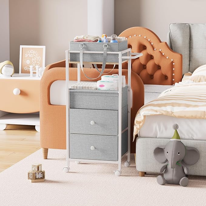 Modanais Baby Diaper Caddy Organizer Cart with Drawers - 3In1 Rolling Storage Cart with Wheels, Removable Diaper Caddy, Detachable Dividers - for Crib, Bedroom, Art & Craft Organizer (Light Gray)