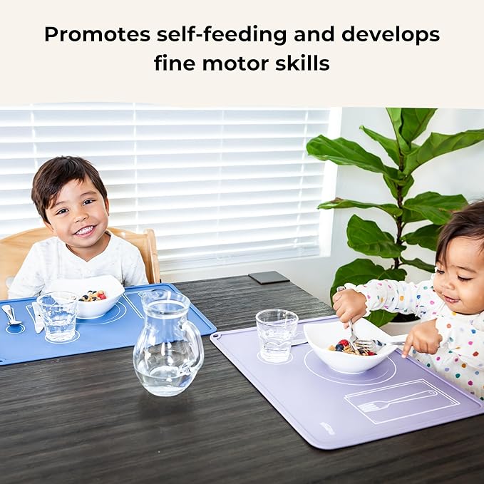 CHAMOS Montessori Placemat for Toddlers - Kids Silicone Mats for Dining Table - Set of 2 - Table Setting Learning (Sapphire and Beige)
