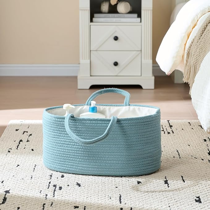 luxury little Diaper Caddy Organizer, Large Cotton Rope Nursery Baby Basket, Changing Table Organizer for Baby Diaper Storage, Portable Car Organizer Removable Divider (Lake Blue, Large)