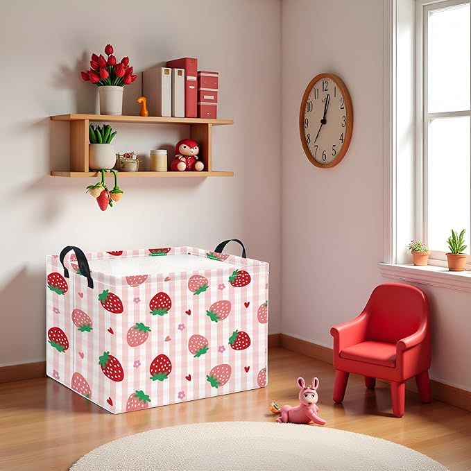 TIBAOLOVER Rectangular Kids Storage Basket Boys for Home Kitchen Girls Cute Storage Bin Organizer Shelf Book Room Decor(Stawberry)