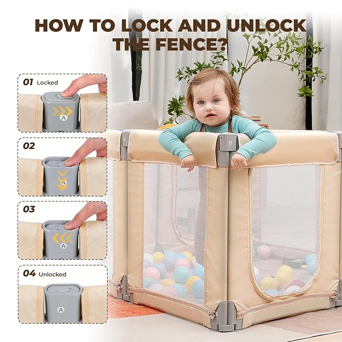 Dripex Small Foldable Baby Playpen, 49"x47" Small Space Play Yard for Travel - Portable Collapsible Play Pen for Babies, Indoor Outdoor Baby Fence, Beige