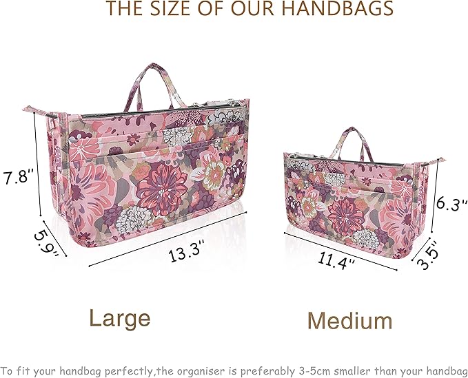 Vercord Patterned Purse Handbag Tote Pocketbook Bag Organizer Insert with Zipper Handle for Women Large Peony