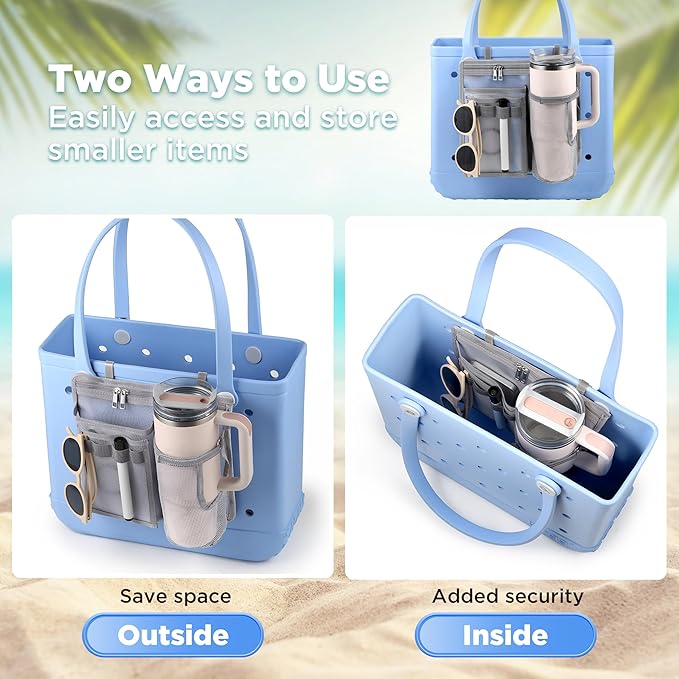 OUTXE Organizer Holder for Bogg Simple Modern Bag Accessories, Cup Phone Holder compatible with Stanley, Univesal Storage Mesh Divider Organizing Insert Pouch for Medium Bog Beach Rubber Tote, Gray