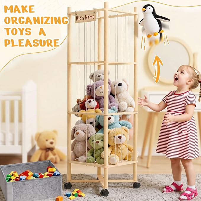 Stuffed Animal Storage with Toys Tray, 57In Large Wooden Stuffy Plushies Storage Holder Extra Large Capacity Stuffed Animals Zoo Organizer for Toddler Rooms, Playrooms & Bedrooms (Toys Tray & Wheels)