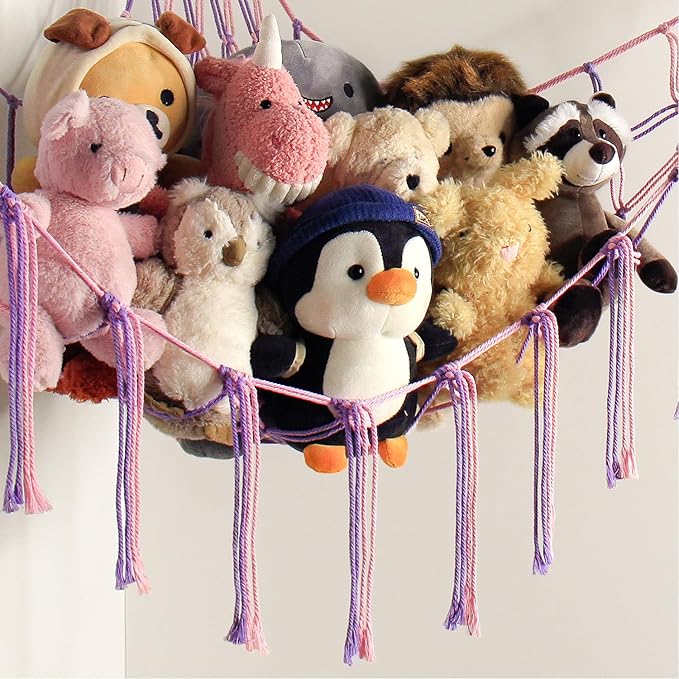 Large Stuffed Animal Hammock Corner Net for Toys Storage Hanging Stuff Animal Organizer Holder Pink Purle Girls Room Bedroom Boho Nursery Decor