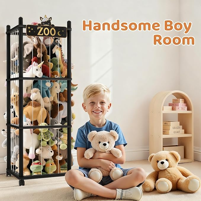 Stuffed Animal Storage Zoo Tower,56In Wooden Large Stuffed Animal Holder Organizer with Wheels,Stuffy Plushies Storage with Elastic Band&Mesh Bottom,Toy Storage Organizers for Playroom Nursery（Black）