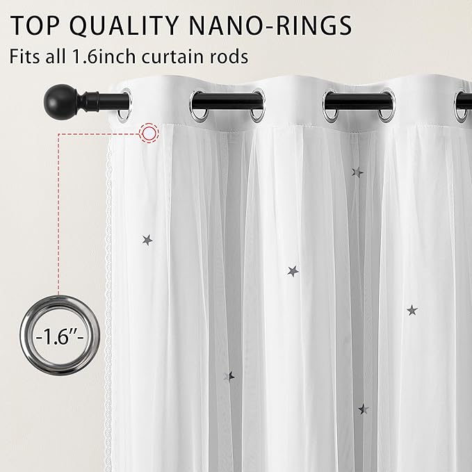 XiDi White Curtains for Kids Girls Bedroom 2 Panels Blackout Double Layer Curtains with Sheer Overlay 72 Inches Length for Nursery Princess Room Star Cut Out Home Decor Grommet Window Drapes W52 X L72