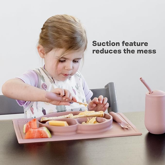 ezpz Happy Mat (Sage) - 24 Months+ - 100% Silicone Suction Placemat + Divided Plate with Three Compartments - Toddler + Preschool Essentials