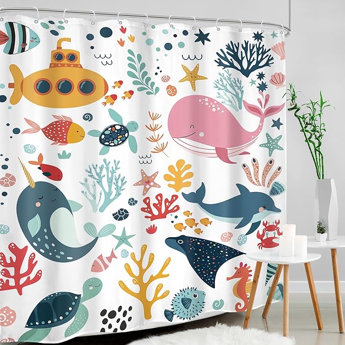 Kids Shower Curtain 72Wx78H Extra Long Kid Ocean Cartoon Whale Funny Underwater Sea Life Beach Nursery Boy Girl Bathroom Decor Coastal Submarine Fish Bath Curtain Fabric Polyester